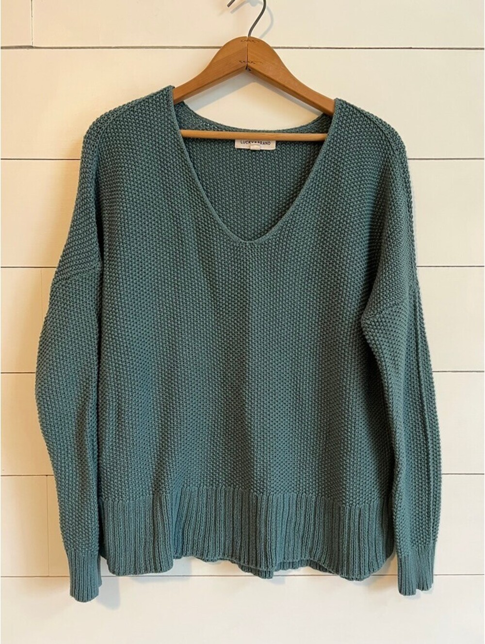 Lucky Brand V-neck Pullover Sweater Women's Size S Green Cotton Boho Minimalist